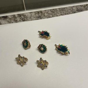 Lot Of 3 Christmas Holiday Clip On Gold Tone Earrings Snowflake Holly Leaf Etc